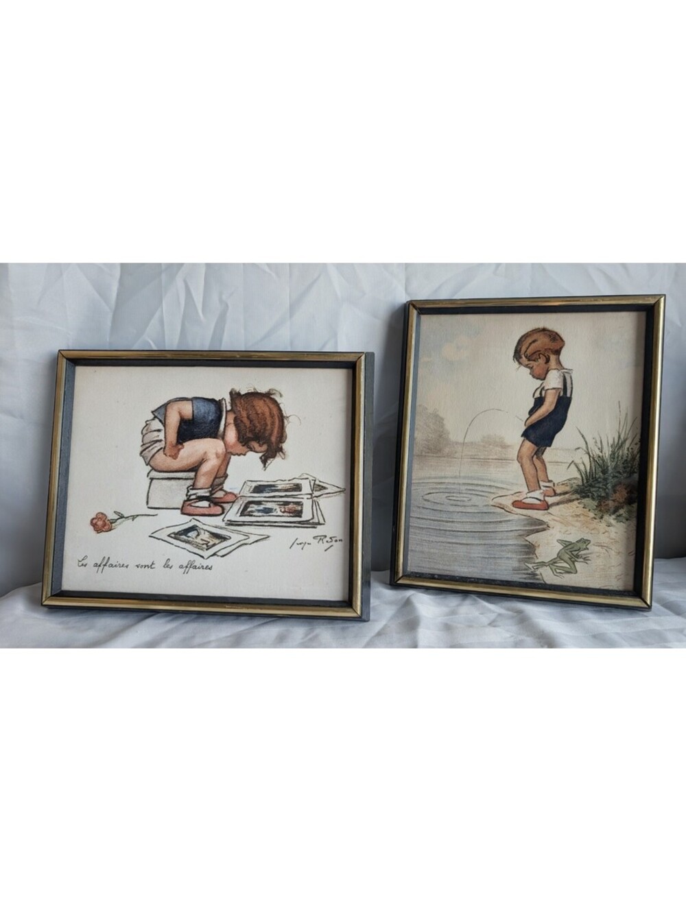 Pair Vintage Georges Redon Humorous French Bathroom Art Prints Framed 10x12